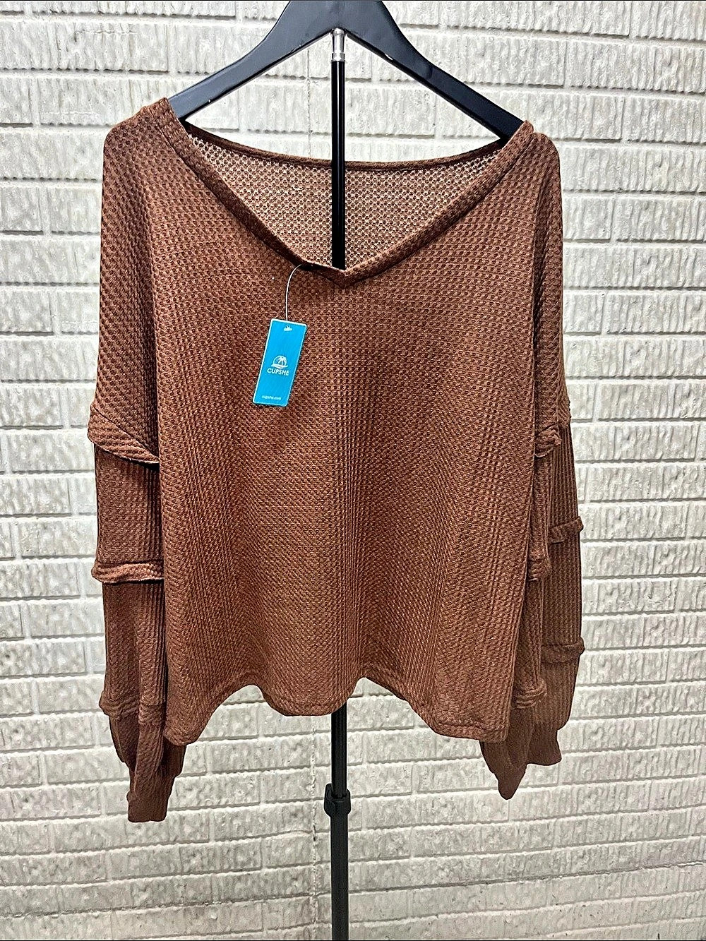 Cupshe Brown Micro-Ruffle Puff Sleeve Sweater XL